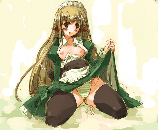 momiji mao, 1girl, animal ears, apron, black thighhighs, blonde hair, breasts, clothes lift, dress, dress lift, female focus, green dress, green panties, headdress, long hair, maid, maid apron, nipples, open clothes, open dress, open shirt, panties, shirt, sitting, skirt, skirt lift, small breasts, solo, striped clothes, striped panties, thighhighs, underwear