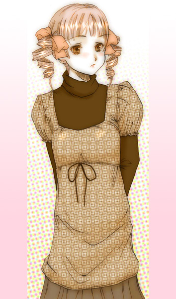 p.i.l., matsudaira touko, maria-sama ga miteru, 00s, 1girl, arms behind head, black ribbon, blonde hair, blush, bow, brown skirt, casual, drill hair, expressionless, female focus, hair bow, orange eyes, pink bow, plaid clothes, plaid skirt, ribbon, short hair, skirt, solo, standing, twin drills