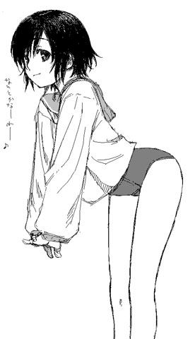 satou atsuki, original, lowres, greyscale, monochrome, no pants, one-piece swimsuit, school swimsuit, school uniform, serafuku, solo, swimsuit, swimsuit under clothes