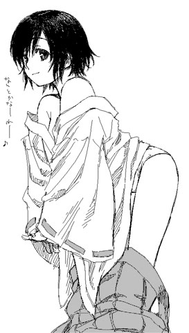 satou atsuki, original, lowres, greyscale, japanese clothes, miko, monochrome, solo, undressing