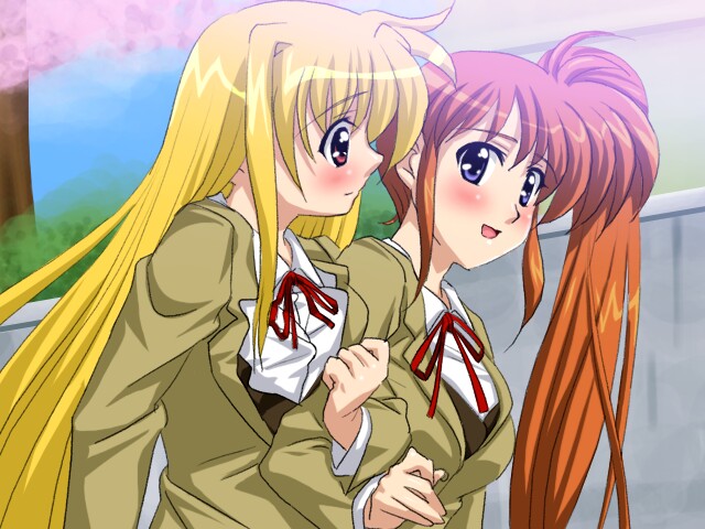 sanshita, fate testarossa, takamachi nanoha, lyrical nanoha, mahou shoujo lyrical nanoha, mahou shoujo lyrical nanoha a's, arm grab, 00s, 2girls, alternate hairstyle, blazer, blonde hair, blush, day, hair down, jacket, long hair, long sleeves, looking at another, multiple girls, neck ribbon, outdoors, purple eyes, red eyes, red hair, ribbon, school uniform, side ponytail, very long hair, yuri
