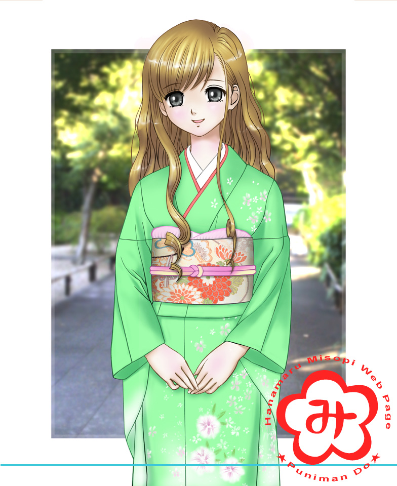 kleine erdbeere, toudou shimako, maria-sama ga miteru, 00s, 1girl, black eyes, brown hair, cowboy shot, female focus, floral print, japanese clothes, kimono, long hair, new year, obi, outside border, photo background, sash, smile, solo, v arms, wavy hair