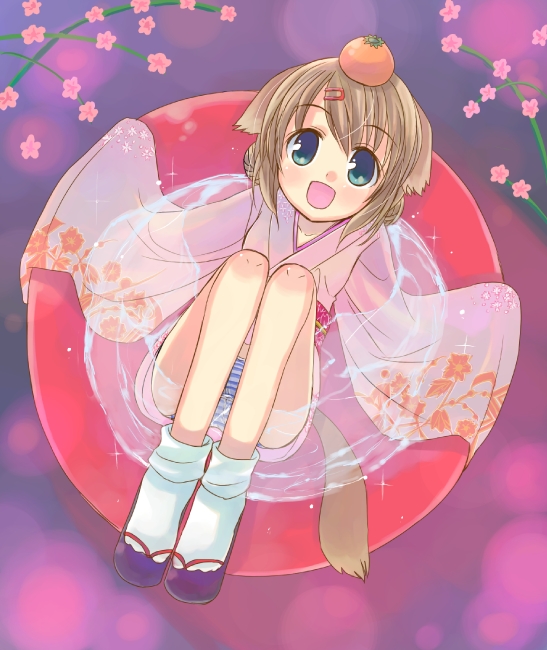 otoutogimi, original, 1girl, animal ears, blue eyes, blue panties, brown hair, dog ears, dog tail, female focus, food, fruit, hair ornament, hairclip, innertube, japanese clothes, mandarin orange, new year, okobo, orange (fruit), panties, platform sandals, sandals, short hair, socks, solo, striped clothes, striped panties, swim ring, tail, underwear, wading pool, wet, wet clothes