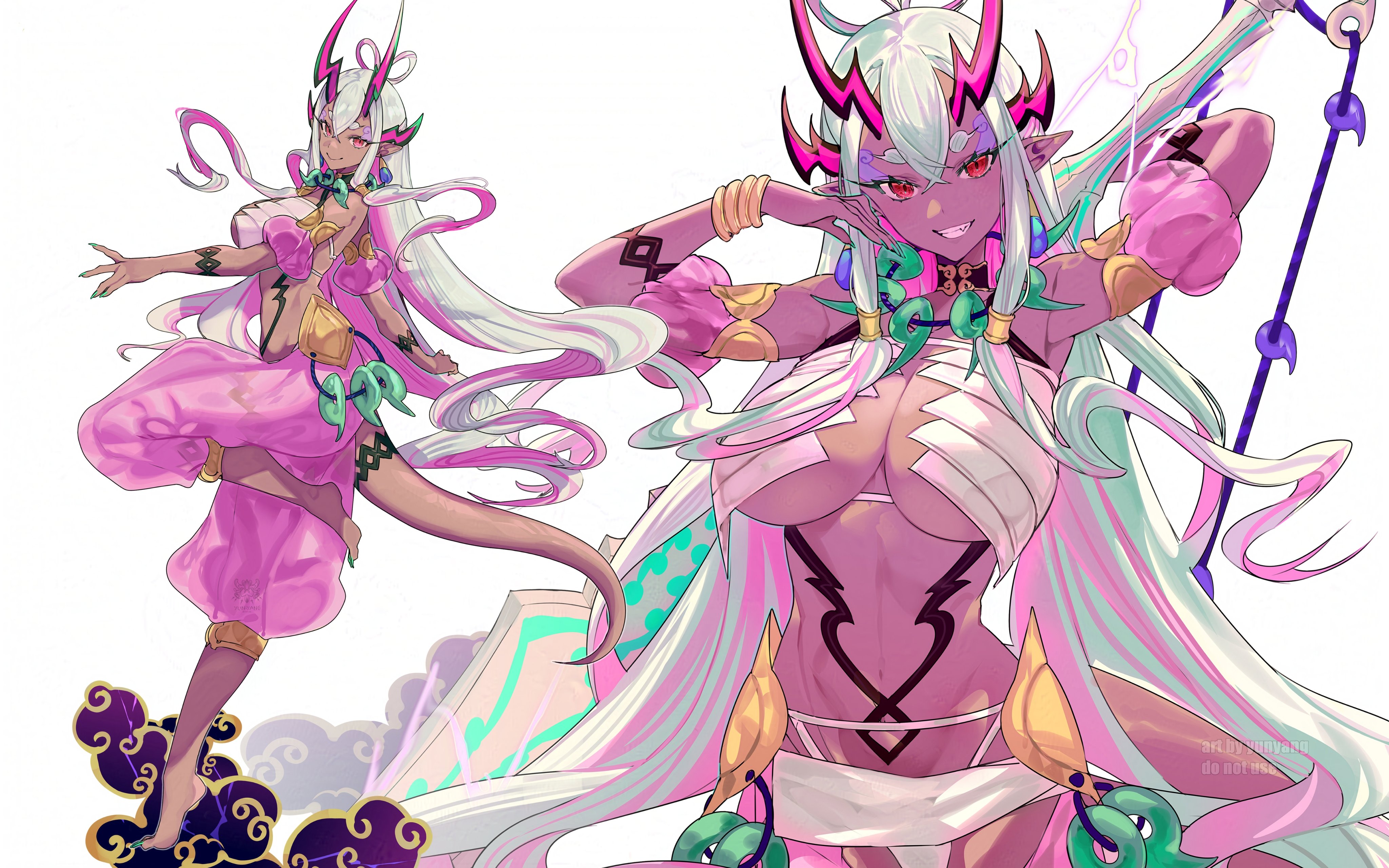 yun-yang, ibuki douji (fate), ibuki douji (third ascension) (fate), fate/grand order, fate (series), absurdres, highres, 1girl, aqua hair, armlet, baggy pants, bare shoulders, barefoot, bikini, bracelet, breasts, cleavage, cloud, colored skin, earrings, eyeliner, full body, grey skin, grin, hair between eyes, harem pants, horns, jewelry, kusanagi no tsurugi (fate), large breasts, long hair, looking at viewer, magatama, magatama necklace, makeup, multicolored hair, multiple views, navel, neck ring, necklace, oni, pants, pink hair, pointy ears, red eyes, sidelocks, smile, swimsuit, sword, tail, weapon, white bikini