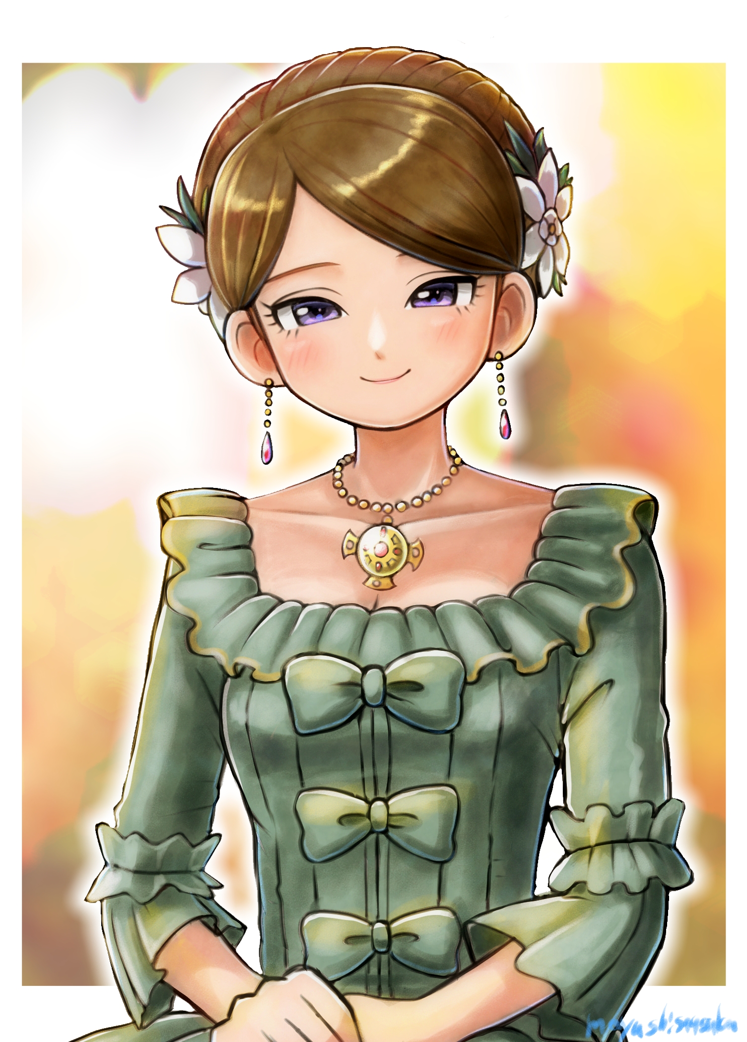 moyapippi, marone (dq10), dragon quest, dragon quest x, commentary request, highres, 1girl, blurry, blurry background, border, bow, breasts, brown hair, cleavage, closed mouth, collarbone, dress, dress bow, earrings, flower, green bow, green dress, hair bun, hair flower, hair ornament, jewelry, looking at viewer, necklace, purple eyes, small breasts, solo, teardrop earrings, upper body, white border, white flower