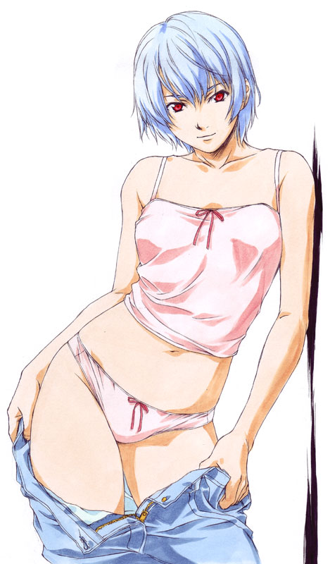 horibe hiderou, ayanami rei, neon genesis evangelion, 1girl, aged up, blue hair, bow, bow panties, breasts, camisole, clothes pull, denim, female focus, jeans, midriff, panties, pants, pants pull, pink panties, pulling own clothes, red eyes, short hair, small breasts, solo, standing, underwear, undressing