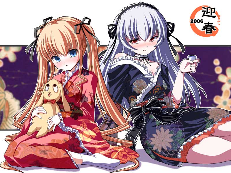 shinshin, kunkun, shinku, suigintou, rozen maiden, silver hair, white legwear, 00s, 2006, 2girls, adapted costume, alcohol, alternate costume, arm support, bare shoulders, blonde hair, blue eyes, blush, drunk, floral print, frilled kimono, frills, full body, hair between eyes, hair ribbon, hairband, head tilt, holding, japanese clothes, kimono, lolita fashion, lolita hairband, long hair, looking at viewer, multiple girls, neck garter, new year, no headwear, nose blush, off shoulder, red eyes, ribbon, sake, simple background, sitting, smile, socks, stuffed animal, stuffed toy, tabi, twintails, very long hair, wa lolita, wariza