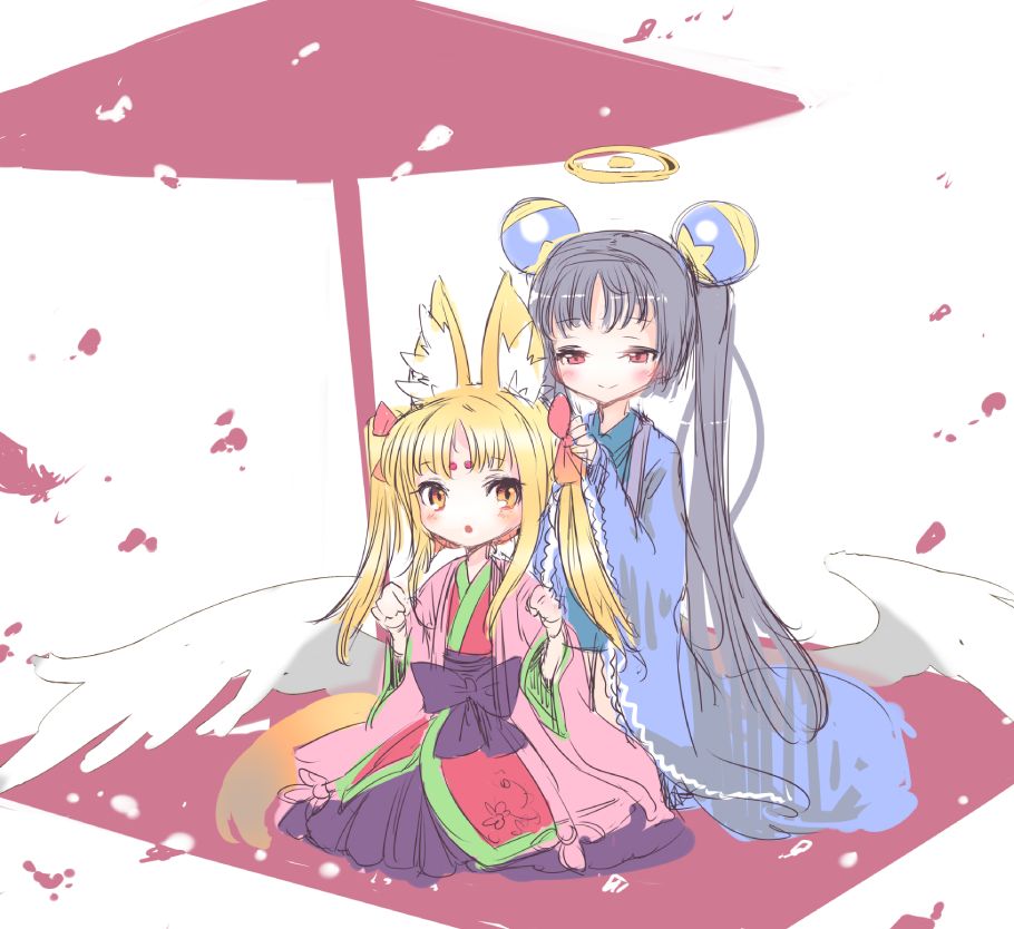 ajitarou (setsu), loki alma, mitama ruri, emil chronicle online, 2girls, blue kimono, bow, fox girl, fox tail, hair bow, hair ornament, halo, japanese clothes, kimono, long hair, multiple girls, pink kimono, red eyes, red ribbon, ribbon, tail, twintails, white background, white wings, wings, yellow eyes, yellow halo