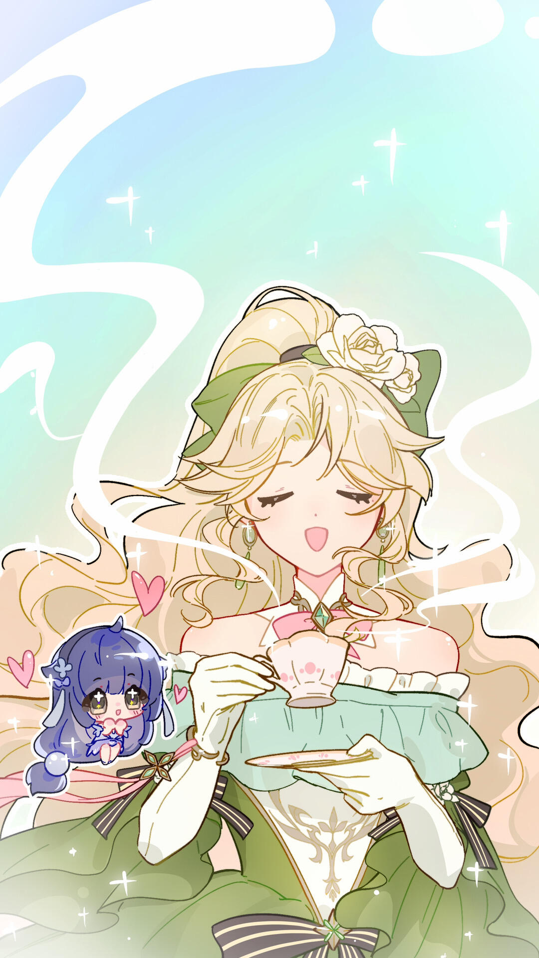 audrey hall, lord of the mysteries, wangzhe rongyao, bad source, highres, 2girls, bare shoulders, blonde hair, blue hair, bow, chibi, closed eyes, cup, curly hair, dress, earrings, elbow gloves, flower, gloves, green dress, hair bow, hair flower, hair ornament, heart, high ponytail, holding, holding cup, jewelry, jiechuan tongzhilong, long hair, multiple girls, open mouth, ponytail, purple hair, smile, sparkle, teacup, wavy hair, white gloves, xi shi (wangzhe rongyao)