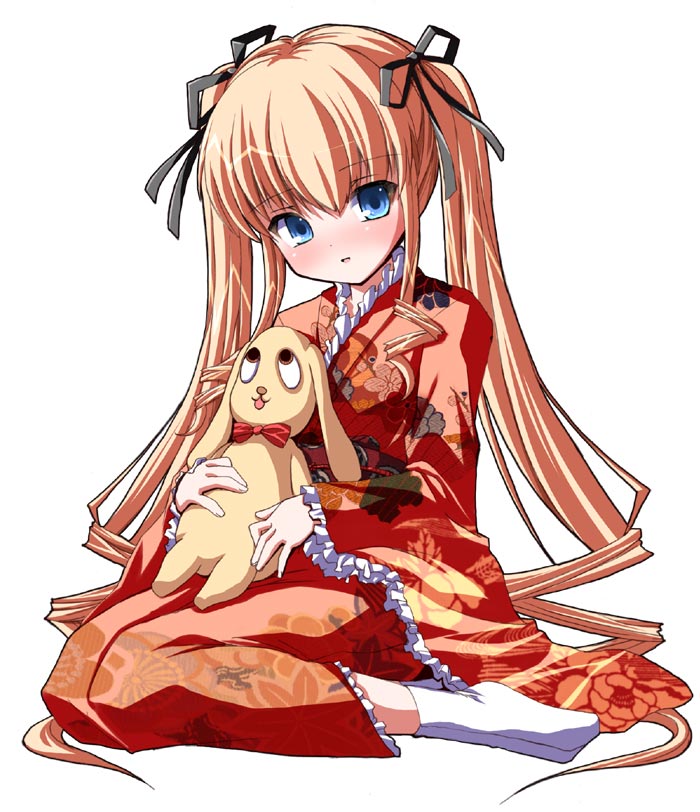 shinshin, kunkun, shinku, rozen maiden, 00s, 1girl, adapted costume, blonde hair, blue eyes, blush, female focus, full body, hair ribbon, head tilt, japanese clothes, kimono, lolita fashion, long hair, looking at viewer, no headwear, ribbon, simple background, sitting, smile, solo, stuffed toy, tabi, twintails, very long hair, wa lolita, wariza, white background