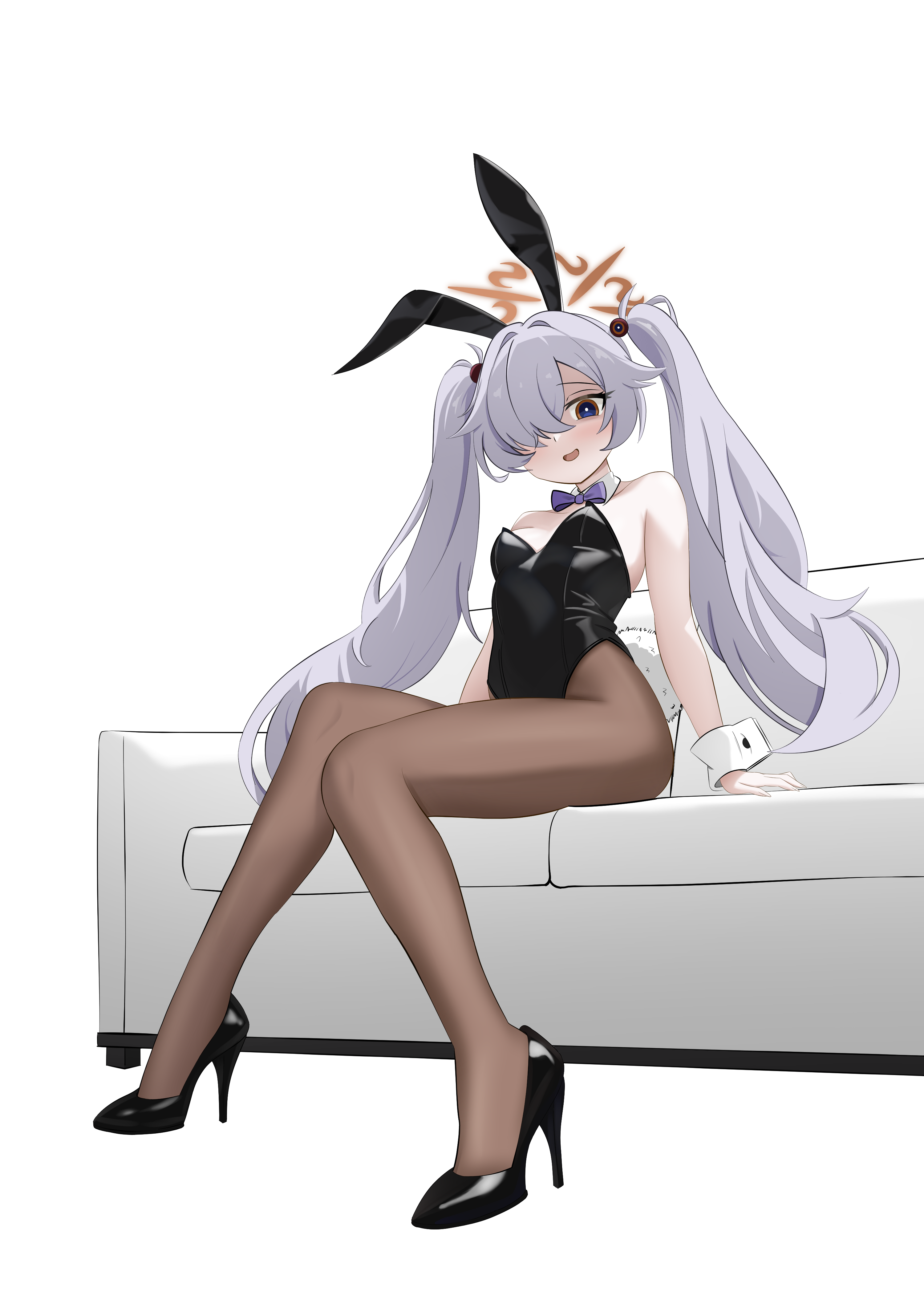 cawl, kanoe (blue archive), blue archive, absurdres, highres, animal ears, bare arms, bare shoulders, brown halo, couch, detached collar, grey hair, hair over one eye, halo, high heels, leotard, long hair, looking at viewer, on couch, pantyhose, playboy bunny, rabbit ears, rabbit tail, red eyes, simple background, sitting, tail, twintails, white background, wrist cuffs