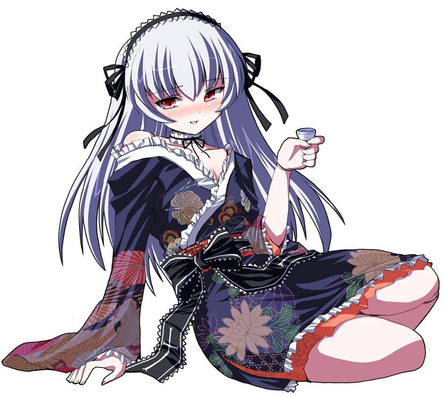 shinshin, suigintou, rozen maiden, silver hair, 00s, 1girl, alcohol, alternate costume, doll joints, female focus, japanese clothes, joints, lolita fashion, new year, pale skin, red eyes, sake, simple background, solo, wa lolita, white background