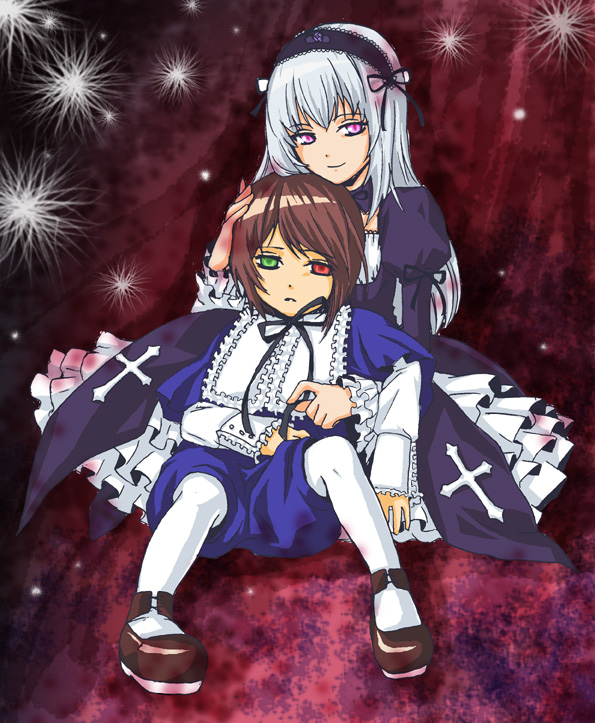 souseiseki, suigintou, rozen maiden, silver hair, white legwear, 00s, 2girls, androgynous, brown hair, dress, expressionless, frills, full body, green eyes, hairband, hand on another's head, heterochromia, hug, hug from behind, looking at viewer, multiple girls, neck ribbon, pantyhose, pink eyes, puffy sleeves, reclining, red eyes, ribbon, shoes, short hair, shorts, sitting, smile