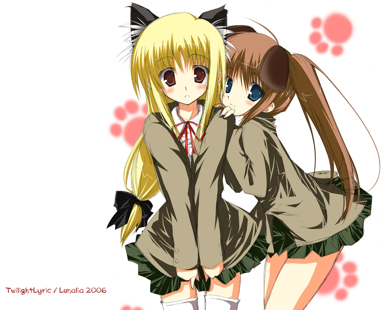 luna lia, fate testarossa, takamachi nanoha, lyrical nanoha, mahou shoujo lyrical nanoha, mahou shoujo lyrical nanoha a's, 00s, 2006, 2girls, ahoge, animal ears, blazer, blonde hair, blue eyes, blush, bow, brown hair, cat ears, clothes lift, dog ears, hair bow, hug, jacket, leaning forward, long hair, low-tied long hair, multiple girls, new year, paw print, pleated skirt, ponytail, red eyes, school uniform, side ponytail, skirt, skirt lift, smile, thighhighs, twintails, white thighhighs, zettai ryouiki
