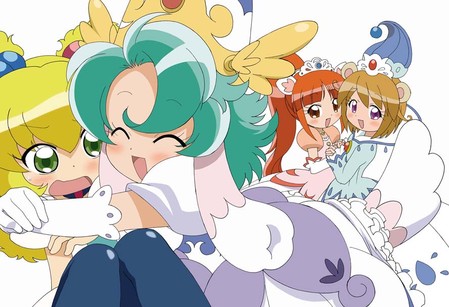 altessa, leonne, louise francoise le blanc de la valliere, miruro, sophie (futagohime), fushigiboshi no futago hime, 00s, 4girls, ^ ^, animal ears, blonde hair, brown eyes, closed eyes, elbow gloves, glomp, gloves, green eyes, green hair, hair bobbles, hair ornament, hat, hug, knees together feet apart, long hair, magical girl, multiple girls, pantyhose, purple eyes, red hair, short hair, simple background, smile, symmetrical hand pose, tiara, very long hair, white gloves