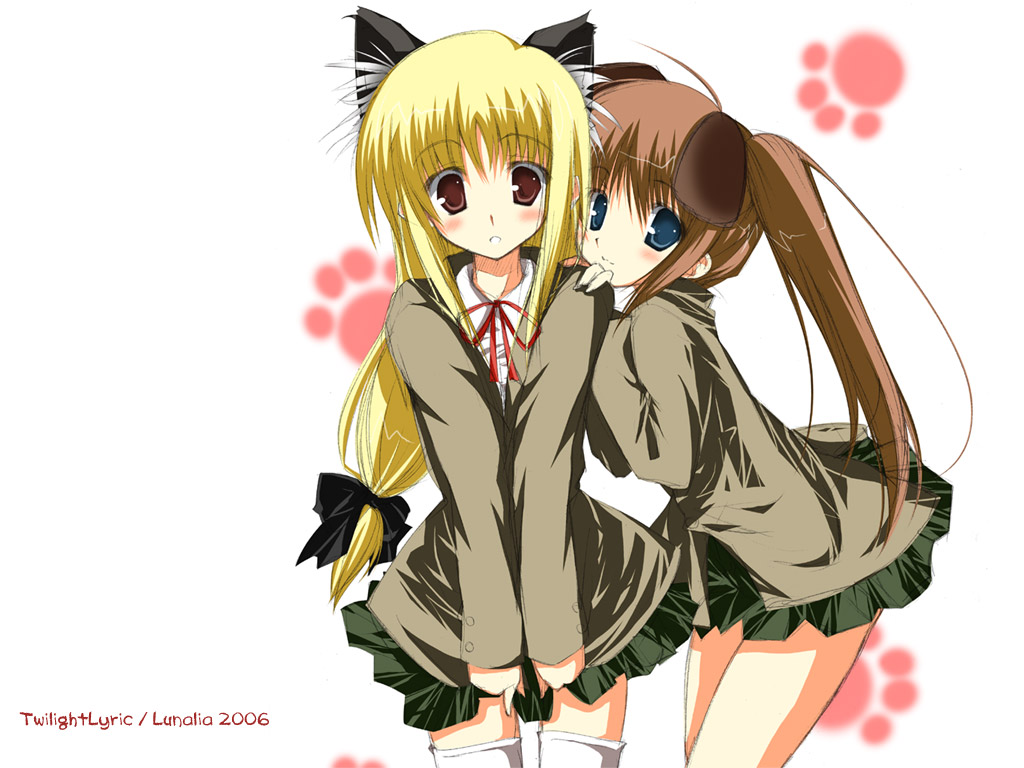 luna lia, fate testarossa, takamachi nanoha, lyrical nanoha, mahou shoujo lyrical nanoha, mahou shoujo lyrical nanoha a's, wallpaper, white legwear, 00s, 2006, 2girls, ahoge, animal ears, blazer, blonde hair, blue eyes, blush, bow, brown hair, cat ears, clothes lift, dog ears, hair bow, hug, jacket, leaning forward, long hair, low-tied long hair, multiple girls, new year, paw print, pleated skirt, ponytail, red eyes, school uniform, side ponytail, skirt, skirt lift, smile, thighhighs, twintails, zettai ryouiki