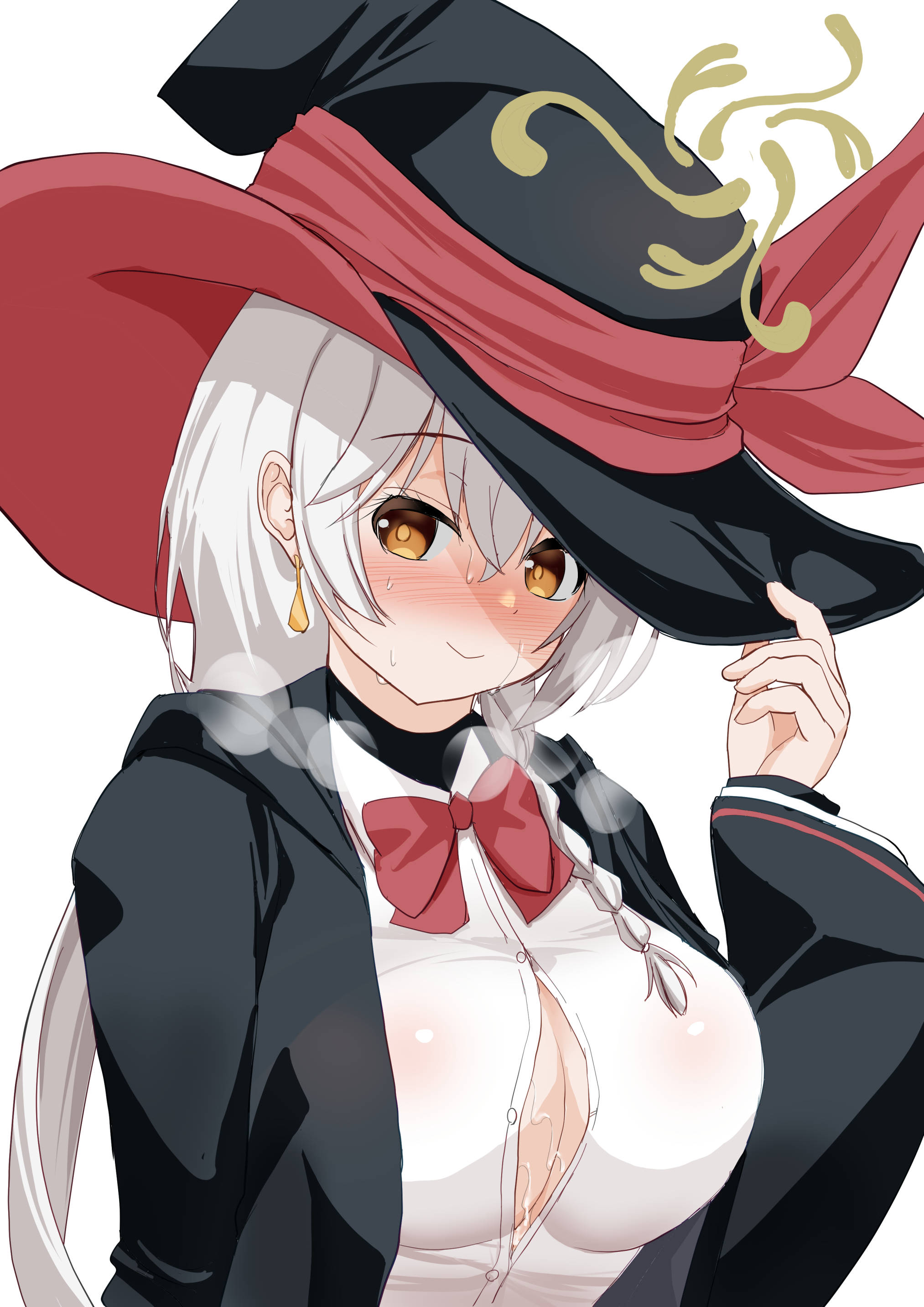 eri (blue archive), blue archive, bow, bowtie, braid, breasts, cleavage, earrings, embarrassed, halo, hat, hat tip, jacket, jewelry, long coat, long hair, orange eyes, partially unbuttoned, shirt, steam, sweater, white hair, witch hat