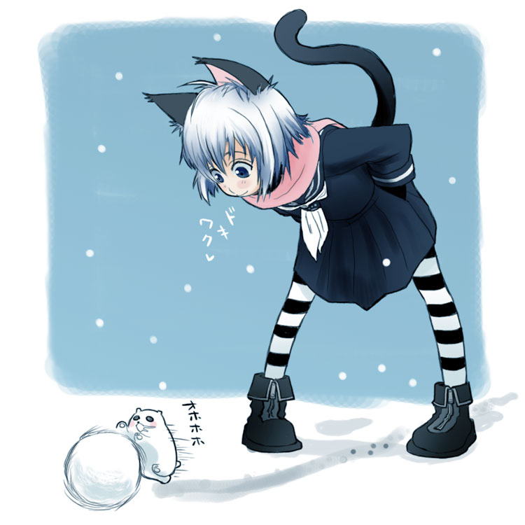 takano saki, original, 1girl, animal ears, cat ears, cat tail, female focus, pantyhose, pleated skirt, scarf, school uniform, serafuku, skirt, solo, striped clothes, striped pantyhose, tail