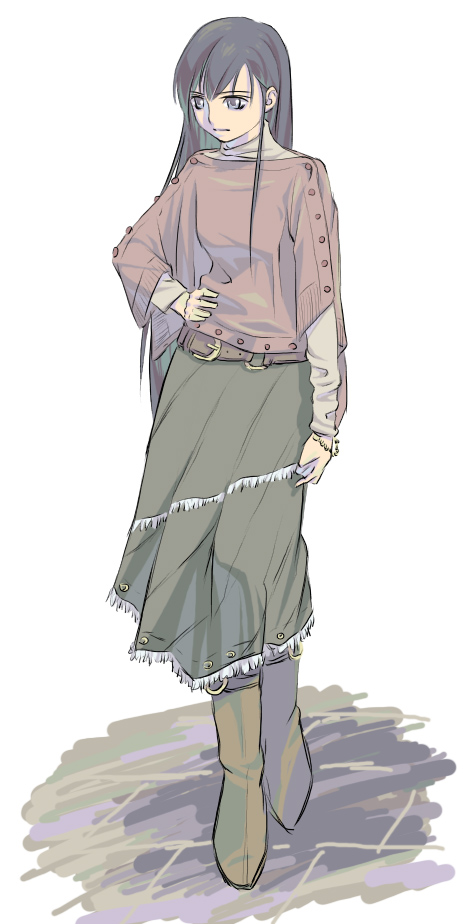 you2, ogasawara sachiko, maria-sama ga miteru, 00s, 1girl, belt, black hair, blue eyes, boots, brown shirt, casual, expressionless, female focus, full body, green boots, green skirt, hand on own hip, knee boots, long hair, long sleeves, shirt, simple background, skirt, solo, very long hair, walking, white background