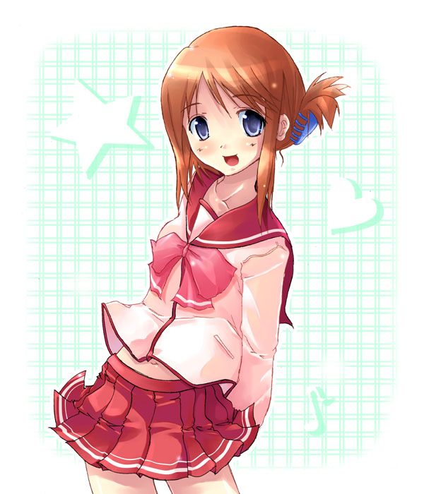 dozepara, komaki manaka, to heart (series), to heart 2, 00s, 1girl, arms behind back, bad anatomy, blue eyes, bow, brown hair, collarbone, female focus, folded ponytail, hair ornament, hairclip, looking at viewer, pleated skirt, school uniform, serafuku, skirt, smile, solo, standing