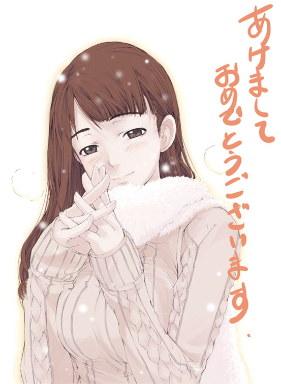 mura (kanojo no oukoku), original, 1girl, female focus, happy new year, new year, scarf, snowing, solo, winter