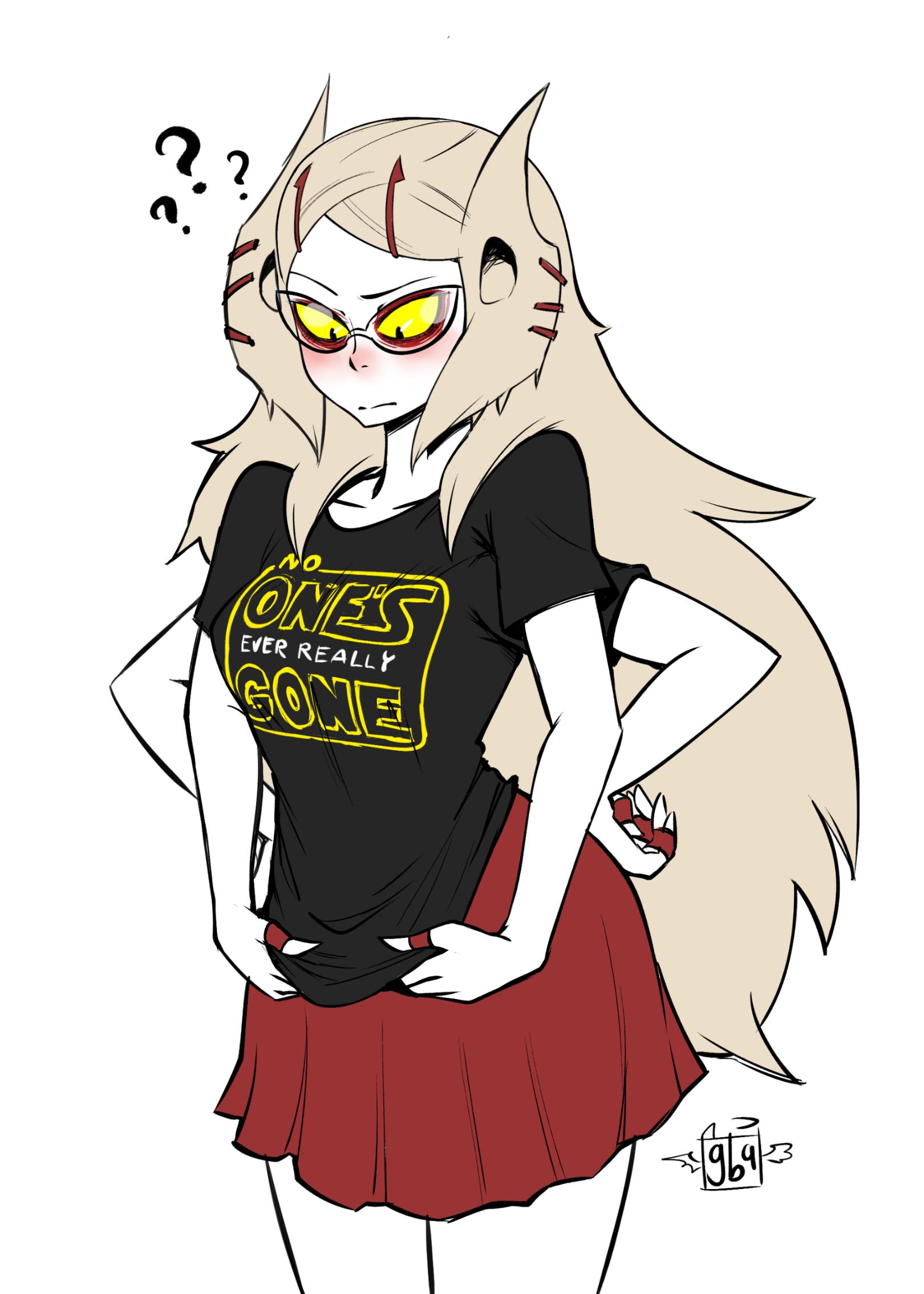 goodbadartist, general grievous, grieve-tan, star wars, commentary, english commentary, highres, 1girl, 2019, ?, ??, artist logo, bags under eyes, black shirt, blonde hair, blush, book, braces, breasts, clenched teeth, closed mouth, clothes around waist, clothes writing, collarbone, colored sclera, confused, cowboy shot, extra arms, female focus, genderswap, glasses, hands on own hips, legs together, logo, long hair, looking at viewer, medium breasts, pointy hair, red skirt, shirt, simple background, skinny, skirt, solo, standing, sword, taped fingers, teeth, weapon, white background, yellow eyes, yellow sclera