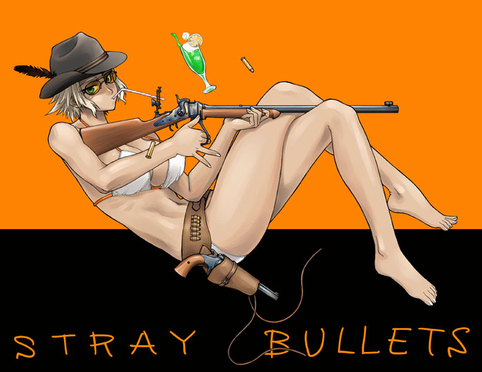 bang-you, original, 1girl, barefoot, belt, bikini, blonde hair, breasts, cartridge, casing ejection, cowboy hat, cowboy western, drinking straw, feet, female focus, full body, gun, gunbelt, handgun, hat, large breasts, legs, lever-action rifle, lever action, orange-tinted eyewear, revolver, rifle, shell casing, short hair, solo, stray bullets, sunglasses, swimsuit, tinted eyewear, weapon, white bikini