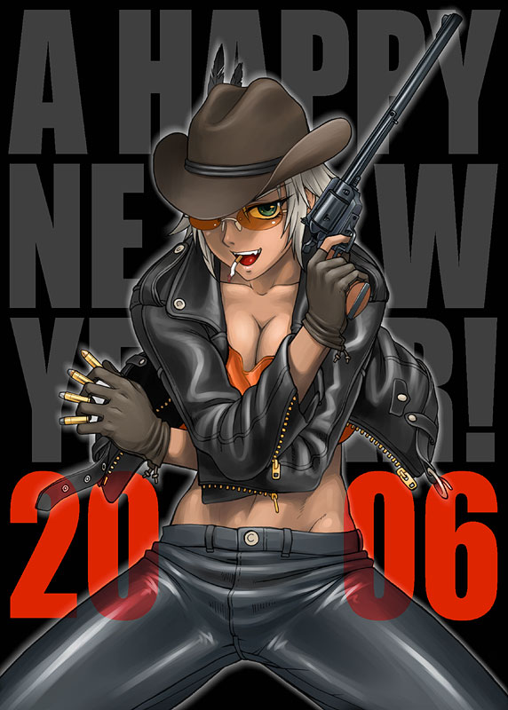 bang-you, original, 00s, 1girl, 2006, between fingers, breasts, bullet, cigarette, cleavage, cowboy hat, cowboy western, dark-skinned female, dark skin, denim, female focus, glasses, gloves, gun, handgun, hat, holding, jacket, jeans, leather, midriff, muscular, new year, orange-tinted eyewear, pants, revolver, short hair, smoking, solo, stray bullets, sunglasses, tinted eyewear, toned, toned female, weapon