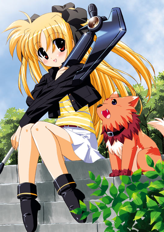 nal, nal (studio ng), arf, bardiche (assault form) (nanoha), bardiche (nanoha), fate testarossa, lyrical nanoha, mahou shoujo lyrical nanoha, mahou shoujo lyrical nanoha a's, 00s, 1girl, blonde hair, blue panties, blush, dog, hair ribbon, jacket, long hair, miniskirt, panties, pantyshot, red eyes, ribbon, shirt, shoes, sitting, skirt, striped clothes, striped panties, twintails, underwear
