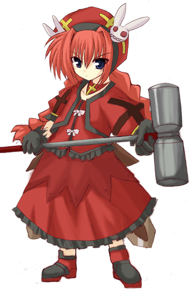 graf eisen, vita (nanoha), lyrical nanoha, mahou shoujo lyrical nanoha, mahou shoujo lyrical nanoha a's, 00s, 1girl, blue eyes, braid, female focus, gloves, hammer, hat, jacket, magical girl, open clothes, open jacket, red hair, solo, twin braids