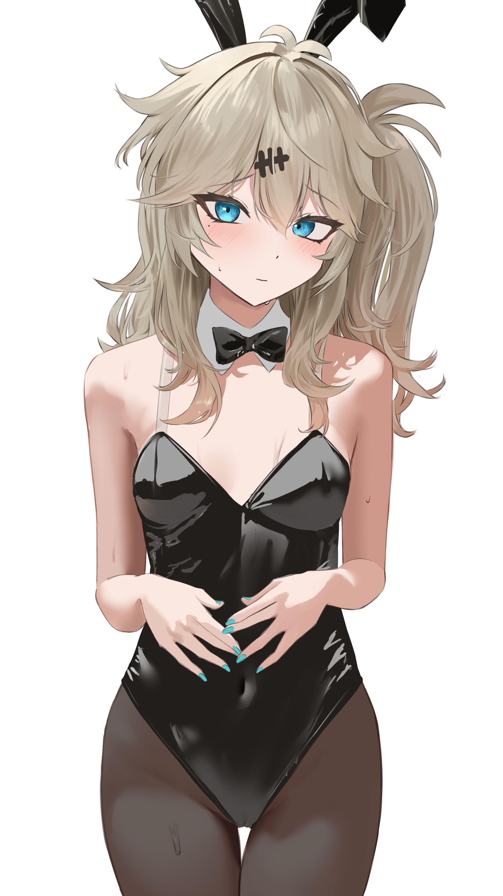 eru aise, kasukabe tsumugi, voicevox, absurdres, commentary request, highres, 1girl, animal ear hairband, animal ears, black bow, black bowtie, black leotard, black pantyhose, blue eyes, bow, bowtie, breasts, detached collar, fake animal ears, grey hair, hairband, leotard, long hair, looking at viewer, one side up, pantyhose, playboy bunny, rabbit ears, small breasts, solo, strapless, strapless leotard, thigh gap