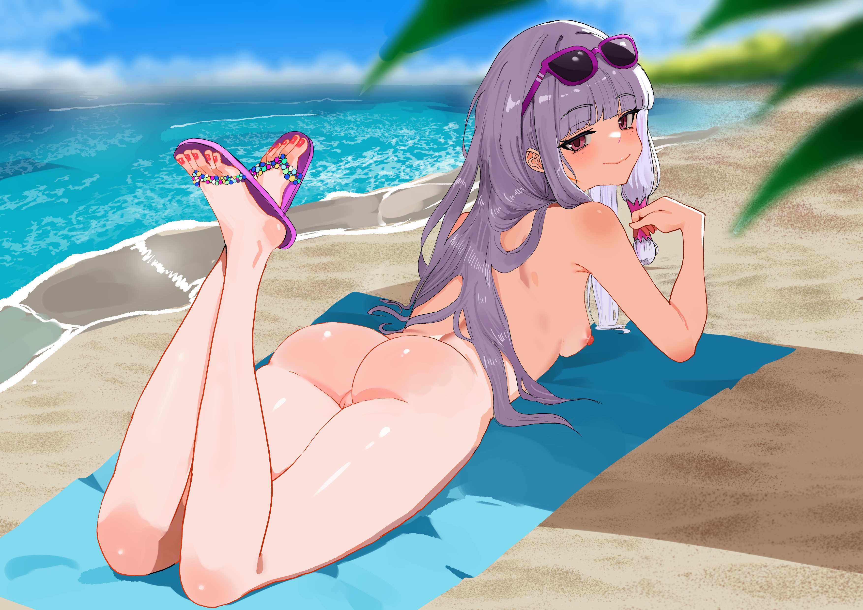 zd (pixiv6210083), agria (midsummer girl) (tales), agria (tales), tales of (series), tales of asteria, tales of the rays, tales of xillia, absurdres, commission, highres, 1girl, ass, beach, blunt bangs, blush, breasts, freckles, hair rings, long hair, looking at viewer, low-tied sidelocks, lying, nail polish, nude, ocean, official alternate costume, on stomach, outdoors, pink sandals, purple-framed eyewear, purple eyes, pussy, red nails, sand, sandals, shade, sidelocks, sky, small breasts, smile, solo, sunglasses, swimsuit, white hair