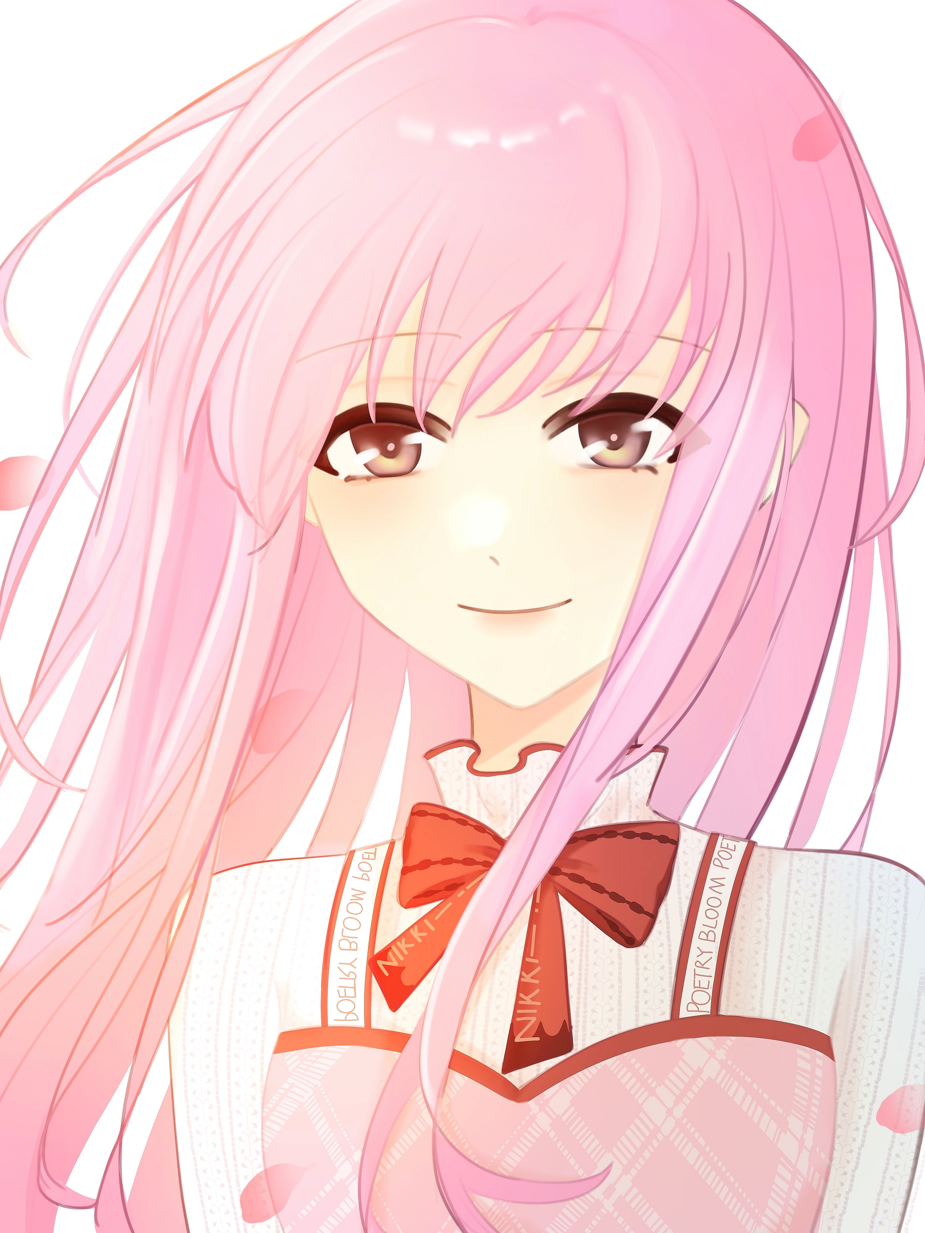 bloom poetry (shining nikki), nikki (nikki), nikki (series), shining nikki, absurdres, chinese commentary, commentary request, highres, 1girl, bow, bowtie, brown eyes, closed mouth, dot nose, dress, floating hair, frilled shirt collar, frills, happy, huli4196, light blush, lips, long hair, long sidelocks, long sleeves, looking at viewer, petals, pinafore dress, pink dress, pink hair, pink lips, plaid clothes, plaid dress, red bow, red bowtie, shirt, sidelocks, simple background, sleeveless, sleeveless dress, smile, solo, striped clothes, striped shirt, turtleneck, turtleneck shirt, upper body, vertical-striped clothes, vertical-striped shirt, very long hair, white background, white shirt, wind