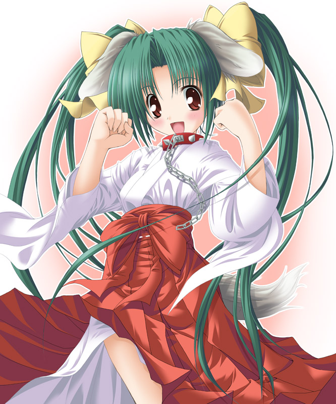 noritama (gozen), original, 1girl, animal ears, dog ears, female focus, hakama, hakama skirt, japanese clothes, leash, miko, new year, red hakama, skirt, solo