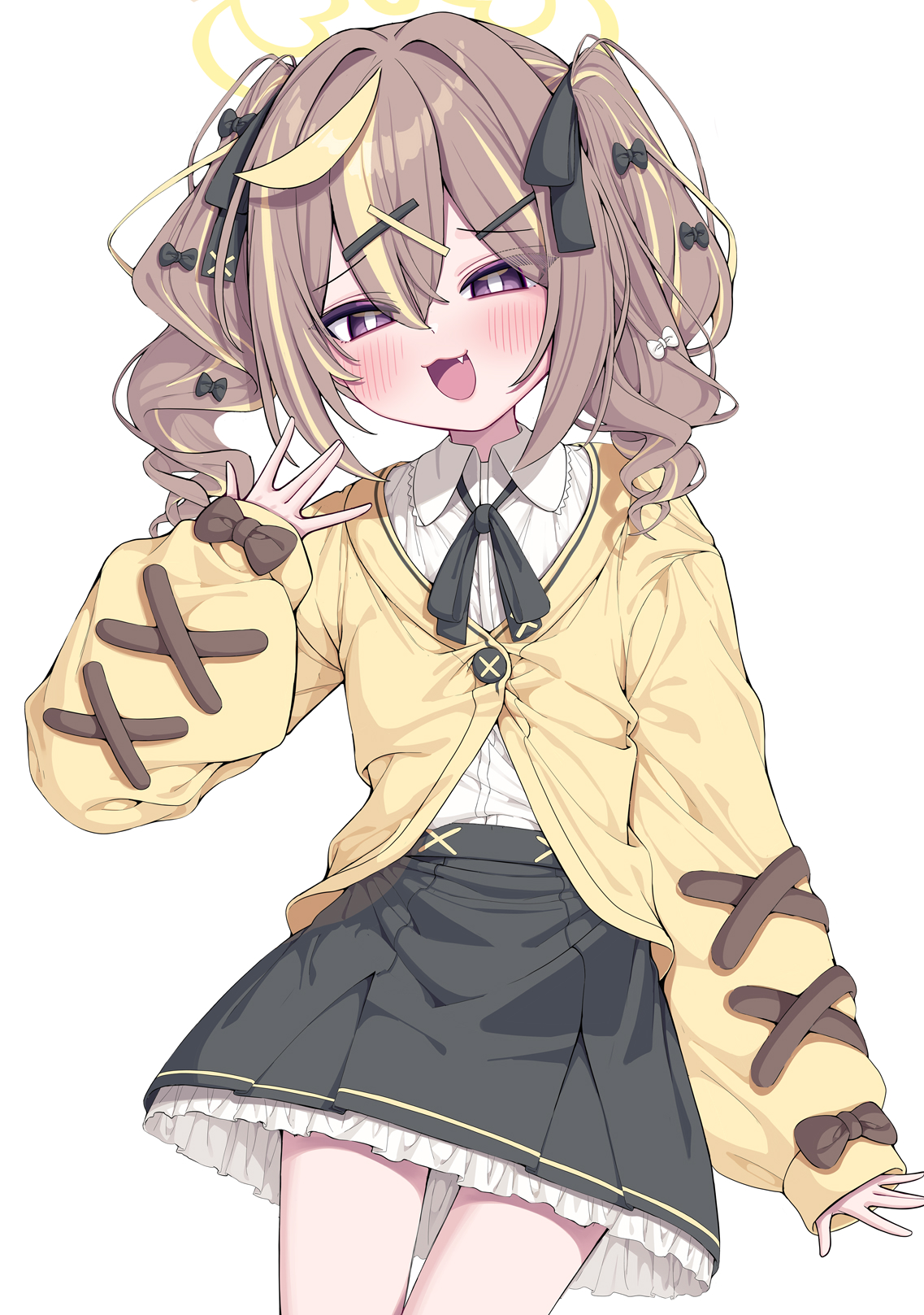 metaljelly, rena (blue archive), blue archive, highres, 1girl, :d, ahoge, black ribbon, black skirt, blonde hair, bright pupils, brown hair, fang, hair between eyes, hair ribbon, halo, multicolored hair, open mouth, purple eyes, ribbon, shirt, simple background, skirt, smile, two-tone hair, white background, white pupils, white shirt, yellow halo