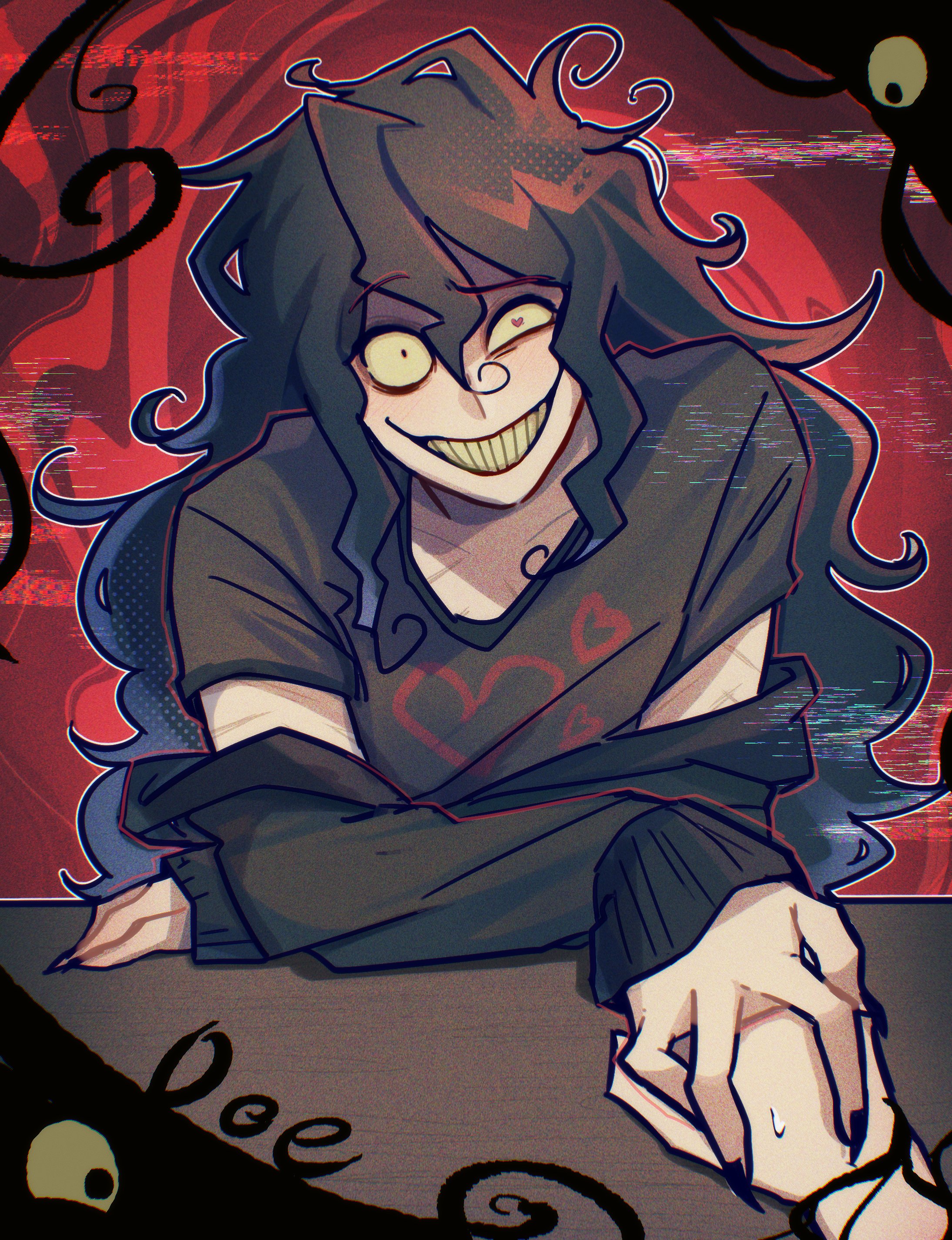 kana (kanaice), john doe (visual novel) (character), john doe (visual novel), absurdres, hashtag-only commentary, highres, 1boy, 1other, :d, black hair, black jacket, black shirt, crazy grin, curly hair, hair between eyes, hair over shoulder, half-closed eye, heart, heart-shaped pupils, heart print, jacket, jacket partially removed, long hair, male focus, messy hair, open mouth, pov, pov hands, scar, scar on arm, self-harm scar, shirt, smile, symbol-shaped pupils, upper body, very long hair, viewer self-insert