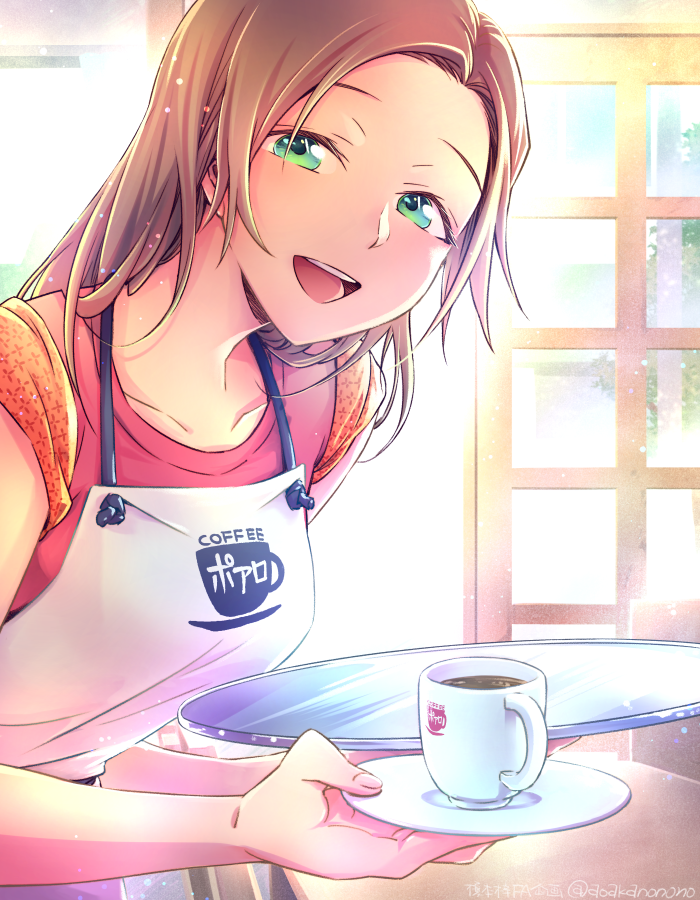 nonosaki, enomoto azusa, meitantei conan, 1girl, :d, apron, brown hair, cafe, collarbone, cup, facing viewer, from side, green eyes, holding, holding saucer, holding tray, indoors, long hair, looking at viewer, open mouth, red shirt, saucer, shirt, short sleeves, smile, solo, standing, teacup, teeth, tray, upper teeth only, white apron