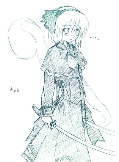 etogami kazuya, konpaku youmu, konpaku youmu (ghost), touhou, …, 1girl, alternate costume, aqua theme, dual wielding, female focus, ghost, gothic lolita, hairband, hitodama, holding, katana, loli fashion, lolita fashion, monochrome, solo, sword, tanto, weapon