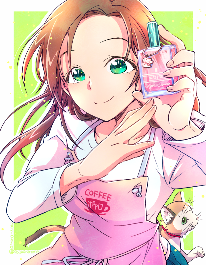 nonosaki, enomoto azusa, meitantei conan, 1girl, apron, blue pants, border, bottle, brown hair, calico (pattern), calico cat, cat, closed mouth, cowboy shot, drop shadow, floating hair, green background, green eyes, hand up, holding, long hair, long sleeves, looking at viewer, outside border, pants, perfume bottle, pink apron, shirt, smile, solo, standing, white border, white shirt