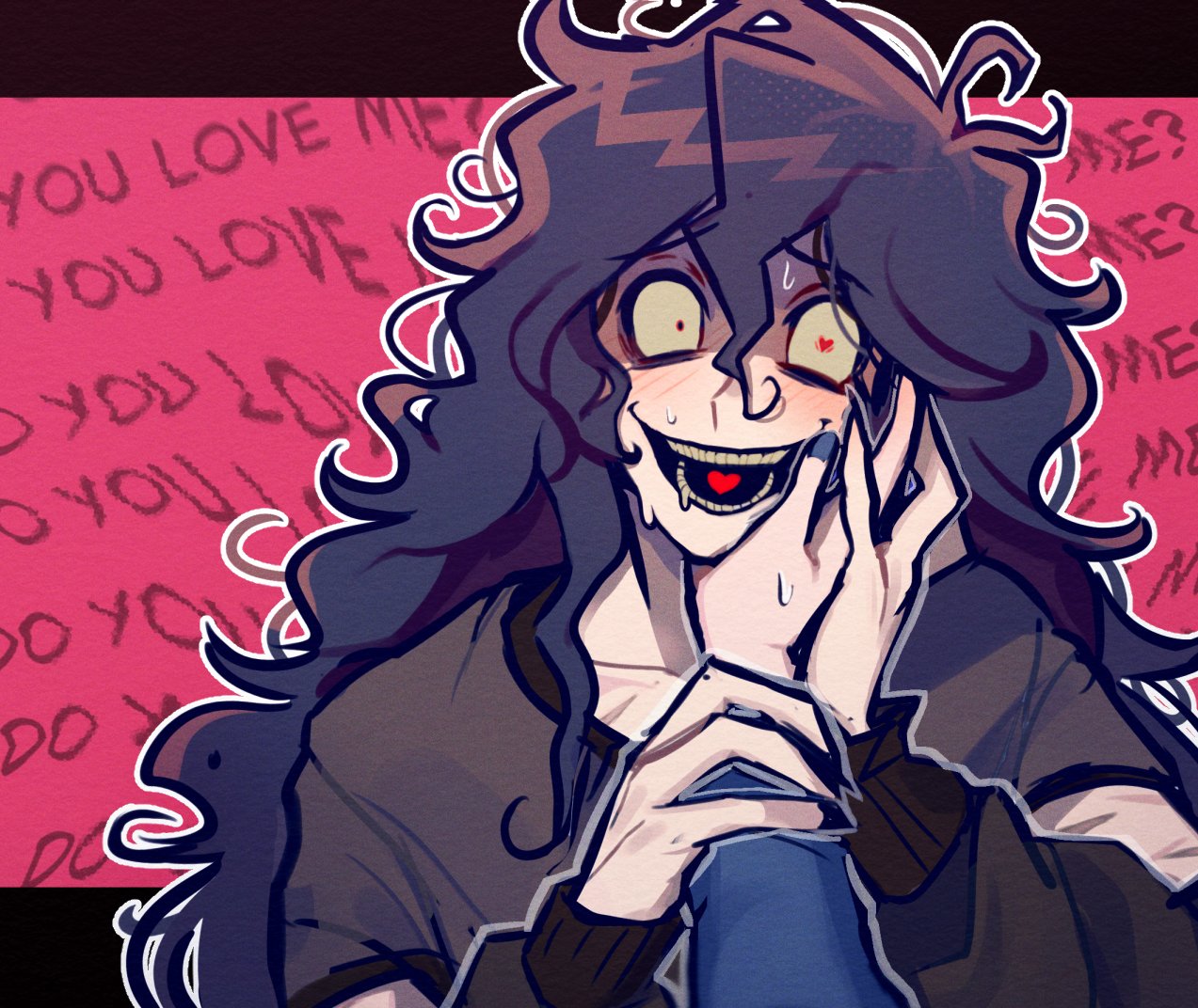 kana (kanaice), john doe (visual novel) (character), john doe (visual novel), :d, black hair, black jacket, black shirt, blush, colored sclera, constricted pupils, crazy grin, curly hair, english text, hair between eyes, hand on another's chin, hand on another's wrist, heart, heart-shaped pupils, heart in mouth, holding hands, jacket, jacket partially removed, letterboxed, long hair, looking at viewer, messy hair, multiple scars, open mouth, pov, pov hands, scar, scar on arm, self-harm scar, shirt, smile, sweat, symbol-shaped pupils, very long hair, viewer self-insert, yellow sclera