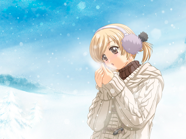 tenhiro naoto, patricia (princess maker 4), gainax, princess maker (series), princess maker 4, screencap, game cg, 1girl, aran sweater, blonde hair, breath, brown eyes, cable knit, day, earmuffs, female focus, game, outdoors, princess, short hair, short twintails, snow, snowing, solo, sweater, toggle, turtleneck, twintails
