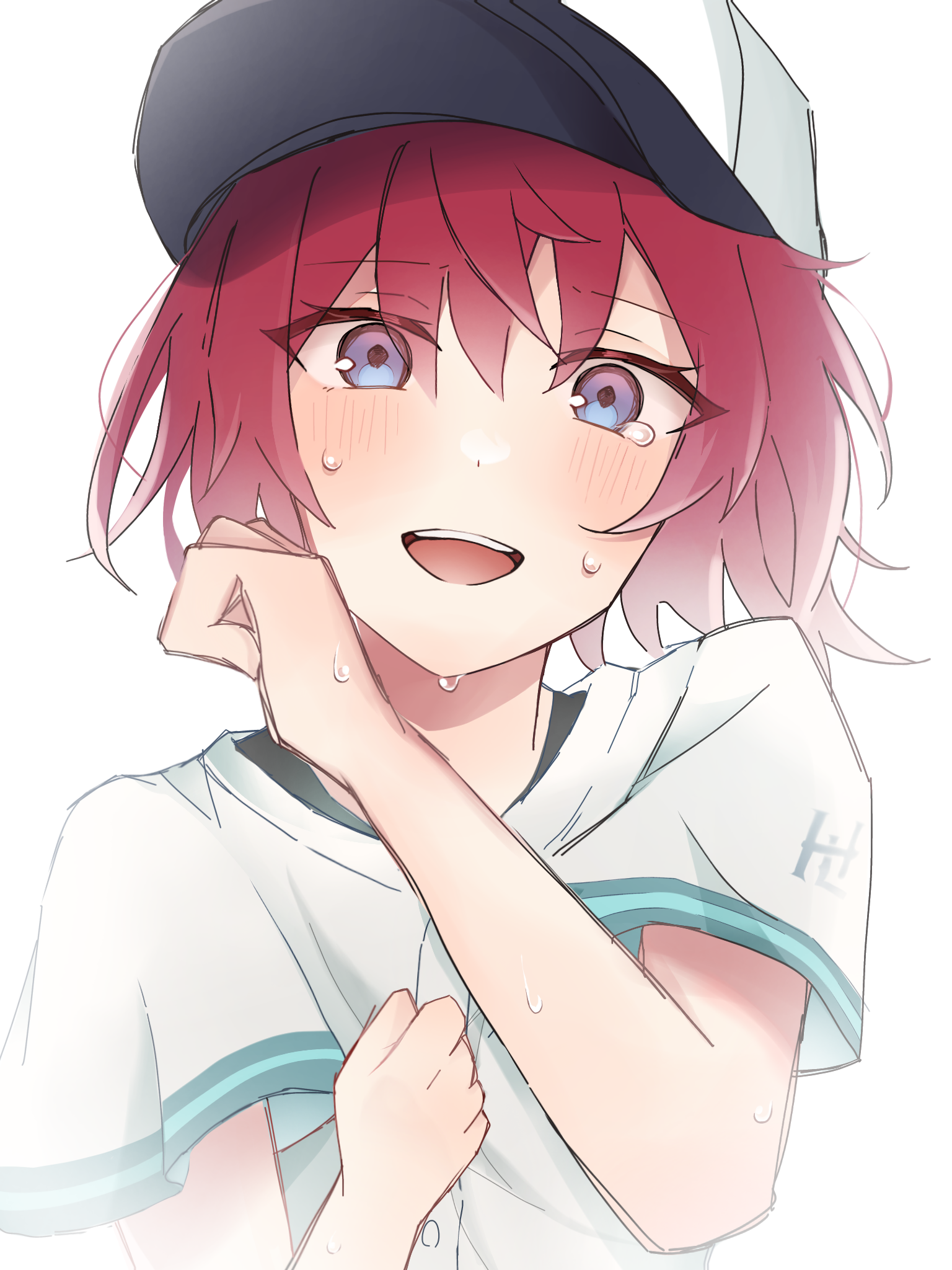 ange katrina, nijisanji, commentary request, highres, 1girl, :d, baseball cap, baseball uniform, blue eyes, blush, gradient eyes, hair between eyes, hands up, hat, kato mint sugar, looking at viewer, multicolored eyes, open mouth, purple eyes, red hair, shirt, shirt hold, short hair, short sleeves, simple background, sketch, smile, solo, sportswear, straight-on, sweat, teeth, upper body, upper teeth only, virtual youtuber, white background, white hat, white shirt, wiping sweat