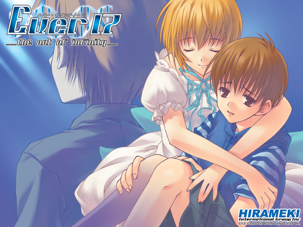 takigawa yuu, kaburaki ryogo, kaburaki ryougo, tanaka yubiseiakikana, ever 17, official art, official wallpaper, 1boy, 1girl, blonde hair, brown eyes, brown hair, closed eyes, dress, english text, engrish text, from behind, hetero, hood, hoodie, hug, open mouth, orange eyes, orange hair, ranguage, ribbon, shirt, short hair, shorts, sitting, smile, striped clothes, striped shirt, sundress, vest, zipper