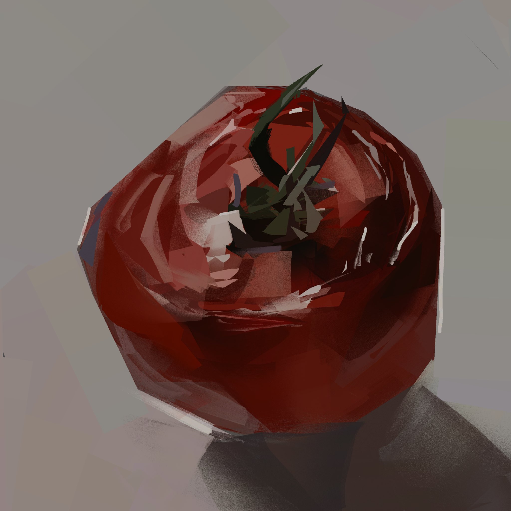 junbuug, original, commentary, english commentary, highres, food, food focus, from above, fruit, grey background, no humans, painterly, shadow, simple background, still life, tomato