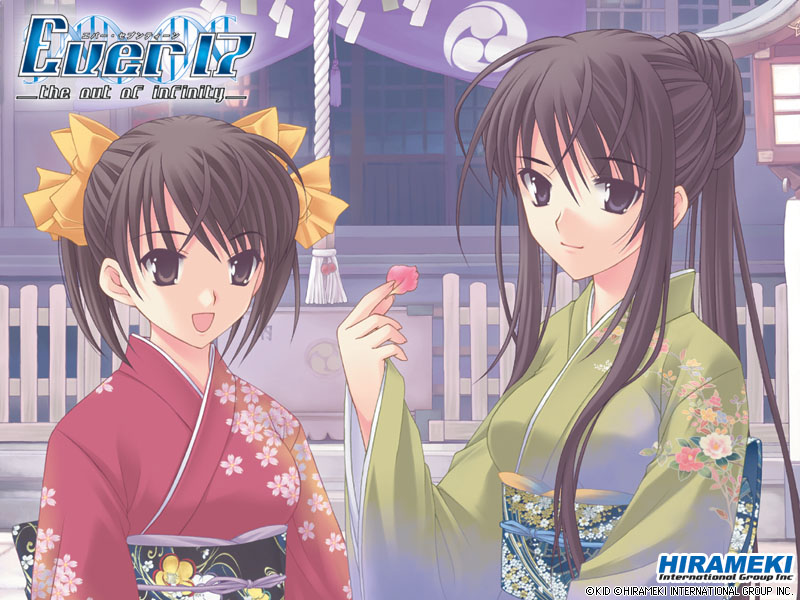 takigawa yuu, komachi tsugumi, matsunaga sara, ever 17, official art, official wallpaper, 2girls, :d, ahoge, black hair, blue eyes, bow, box, donation box, english text, engrish text, fence, fingernails, floral print, grey eyes, hair bow, hair bun, japanese clothes, kimono, long hair, multiple girls, obi, ofuda, open mouth, outdoors, petals, ponytail, ranguage, rope, sash, short hair, short twintails, shrine, shrine bell, single hair bun, smile, twintails, very long hair, yukata