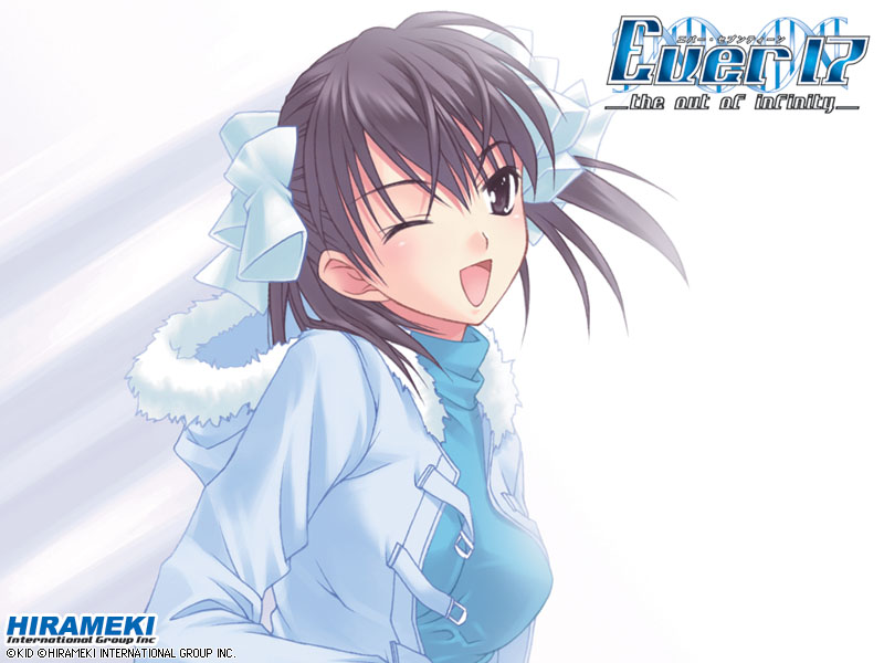 takigawa yuu, matsunaga sara, ever 17, official art, official wallpaper, 1girl, ;d, ahoge, blush, bow, coat, english text, engrish text, female focus, fur trim, grey eyes, grey hair, hair bow, hood, one eye closed, open clothes, open mouth, ranguage, short hair, short twintails, smile, solo, strap, turtleneck, twintails