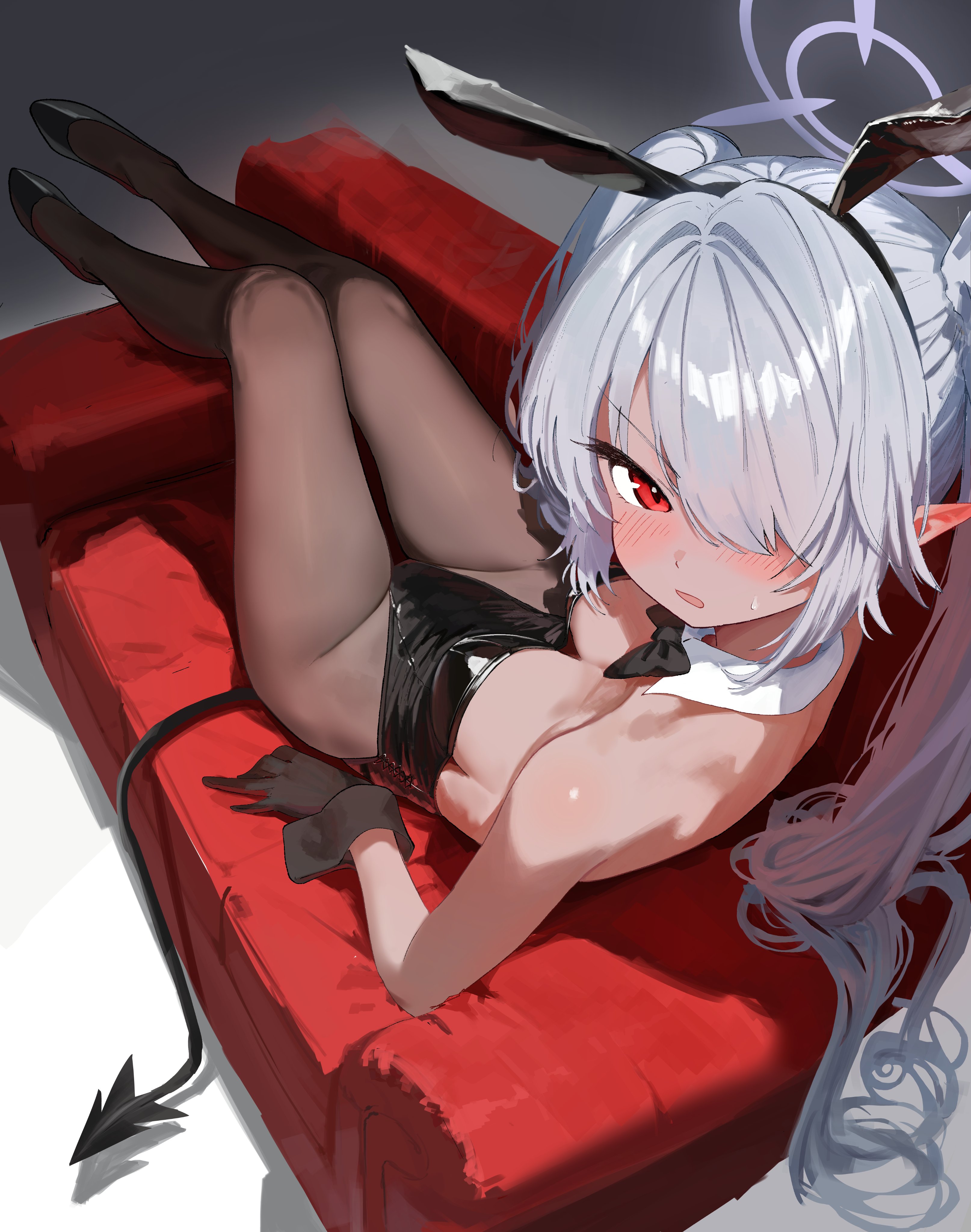 yue3621, iori (blue archive), blue archive, absurdres, highres, 1girl, alternate costume, animal ear hairband, animal ears, bare shoulders, black gloves, black leotard, black tail, blush, bow, bowtie, breasts, bunny day, cleavage, couch, dark-skinned female, dark skin, demon tail, detached collar, fake animal ears, gloves, grey hair, hair over one eye, hairband, halo, highleg, highleg leotard, leotard, long hair, looking at viewer, medium breasts, on couch, pantyhose, playboy bunny, pointy ears, purple halo, rabbit ear hairband, rabbit ears, red eyes, sitting, solo, strapless, strapless leotard, tail, twintails, very long hair, wrist cuffs