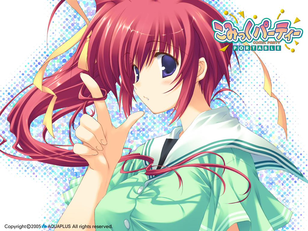 mitsumi misato, takase mizuki, comic party, game cg, 00s, 1girl, blue eyes, bow, copyright name, female focus, from side, hair ribbon, index finger raised, long hair, looking at viewer, looking to the side, red hair, ribbon, school uniform, solo, twirling hair, yellow bow