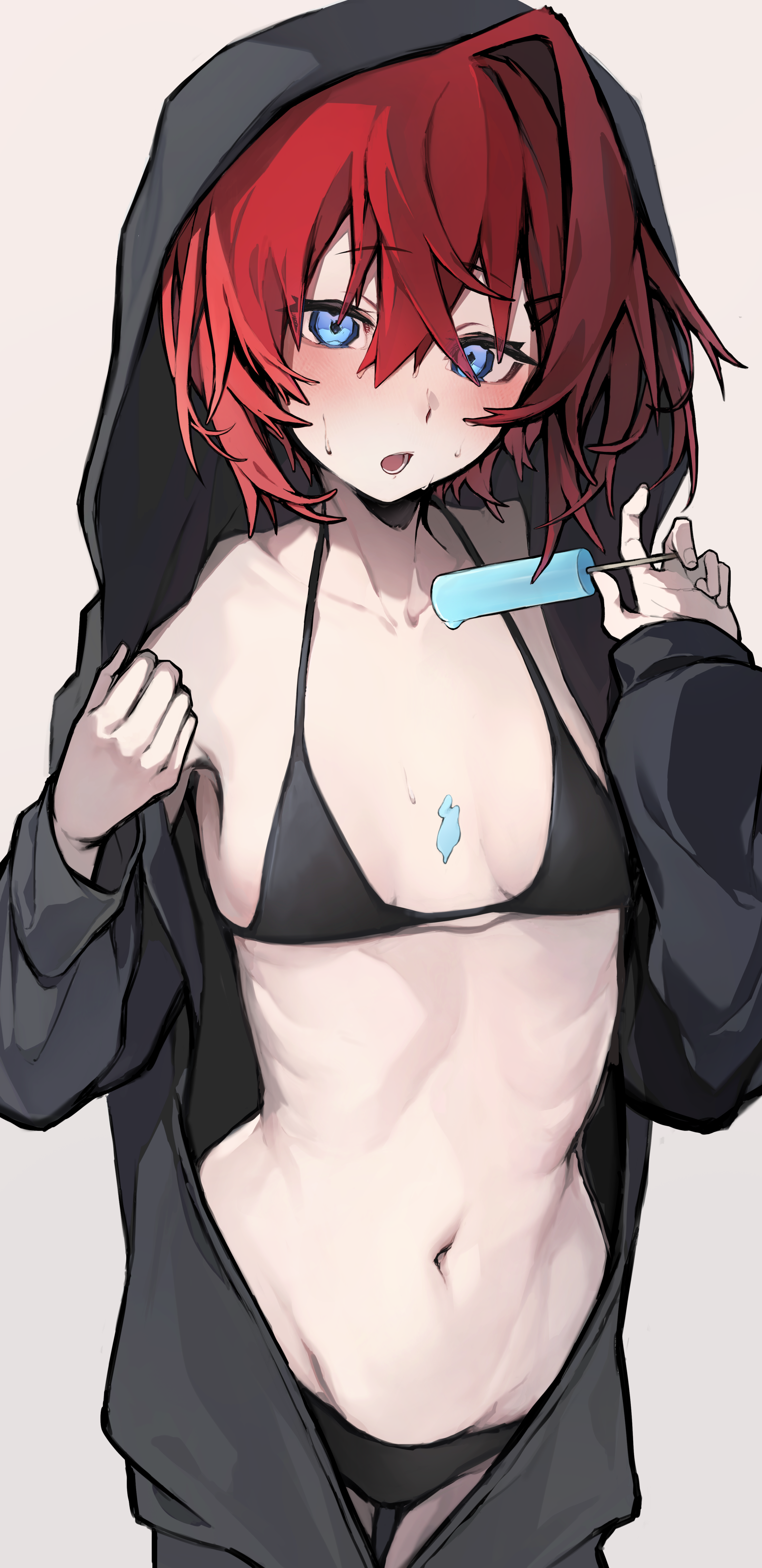 akechi (akechi 5416), ange katrina, nijisanji, absurdres, commentary request, highres, 1girl, :o, alternate costume, bikini, black bikini, blue eyes, blush, breasts, collarbone, cowboy shot, food, food on body, grey background, grey jumpsuit, groin, hair between eyes, hair ornament, hairclip, hands up, holding, holding food, holding popsicle, hood, hood up, jumpsuit, long bangs, long sleeves, looking at viewer, medium hair, melting popsicle, navel, onesie, open jumpsuit, open mouth, popsicle, red hair, ribs, simple background, single hair intake, small breasts, solo, stomach, sweat, swimsuit, virtual youtuber