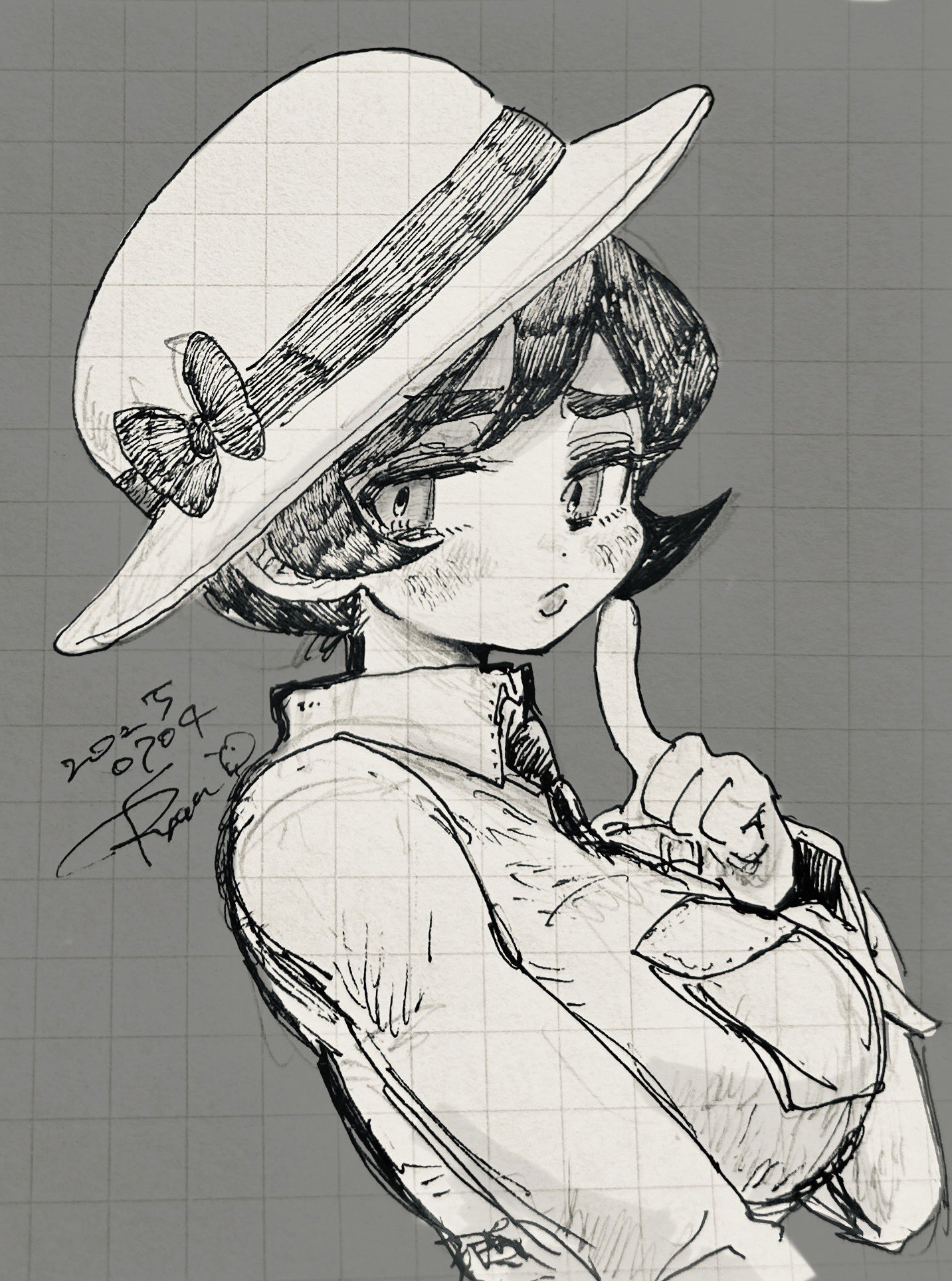 ryantoruhuhu, filia (skullgirls), skullgirls, ballpoint pen (medium), pen (medium), traditional media, 1girl, black hair, blush, breasts, finger to cheek, greyscale, grid background, hat, hat ribbon, index finger raised, large breasts, lined paper, lips, looking to the side, monochrome, necktie, pout, ribbon, solo, upper body